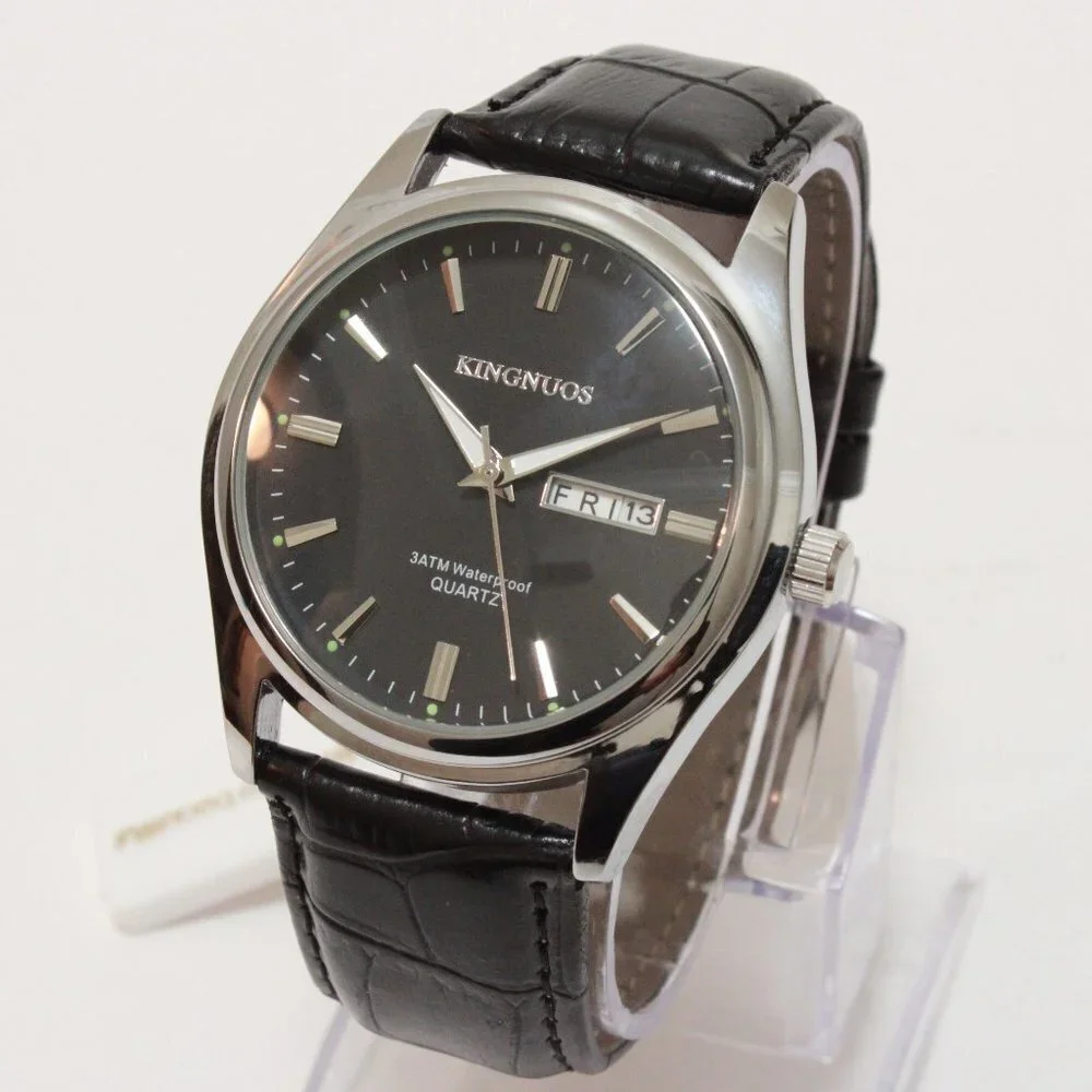 Men's Contemporary Dress Watch Silver Case Black Leather Watch Strap 40mm